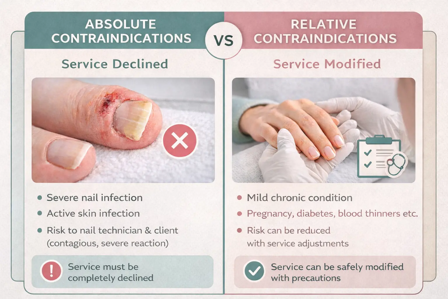 Visual comparison showing absolute contraindications requiring service decline versus relative contraindications requiring service modifications
