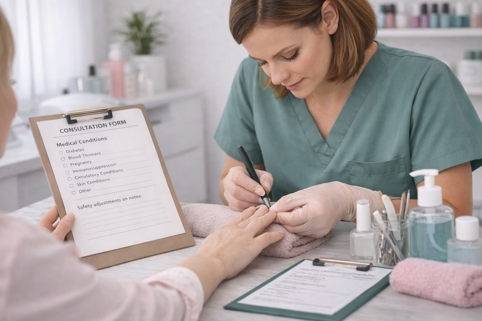 Professional nail technician systematically assessing client hands and reviewing consultation form demonstrating thorough contraindication evaluation