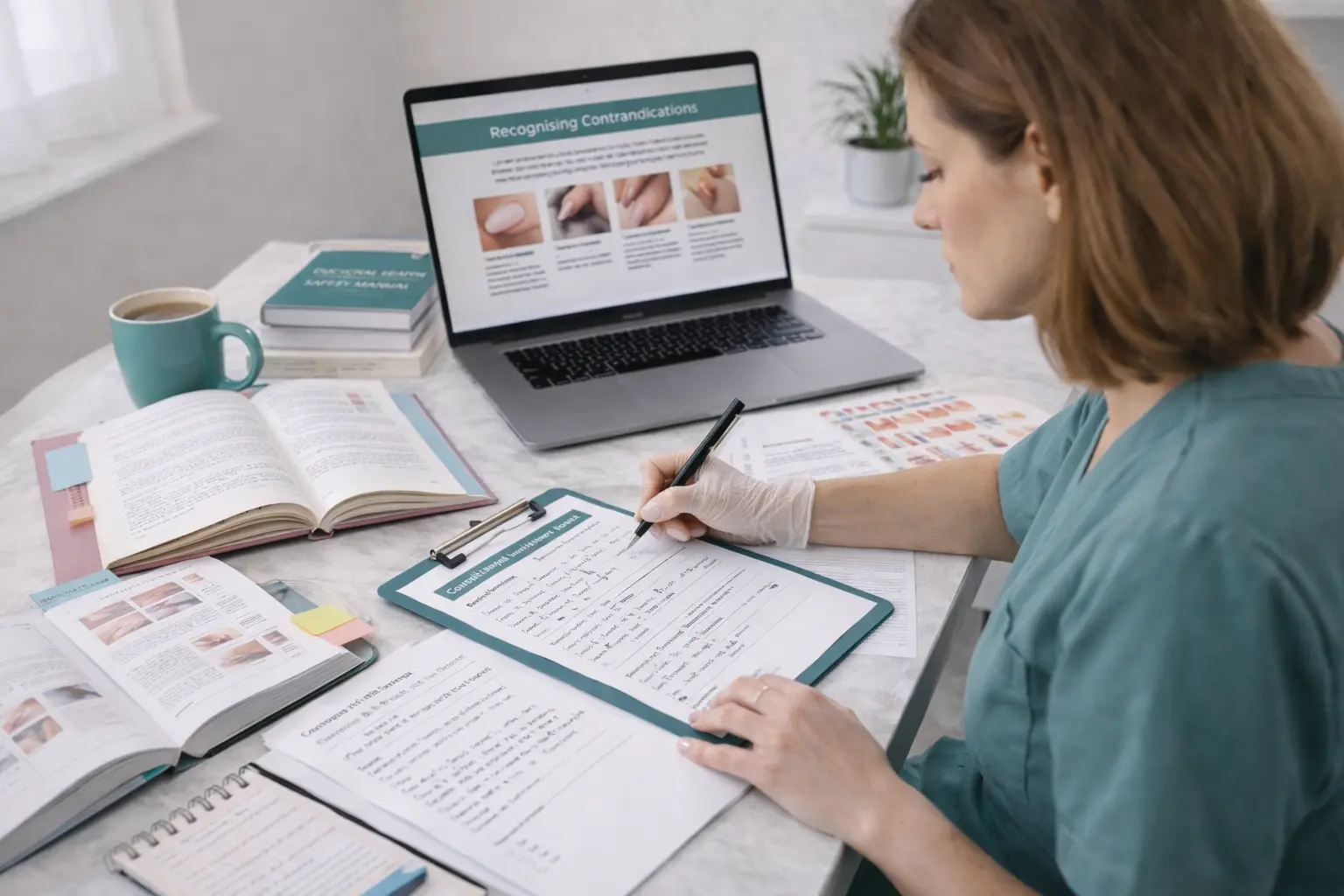 Nail technician reviewing contraindication training materials demonstrating commitment to ongoing professional education