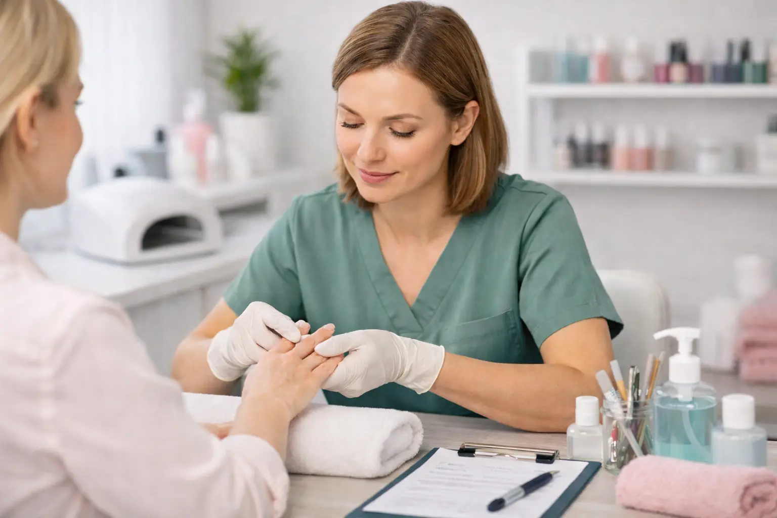 Professional nail technician assessing client hands for contraindications before nail service demonstrating safety protocols and duty of care