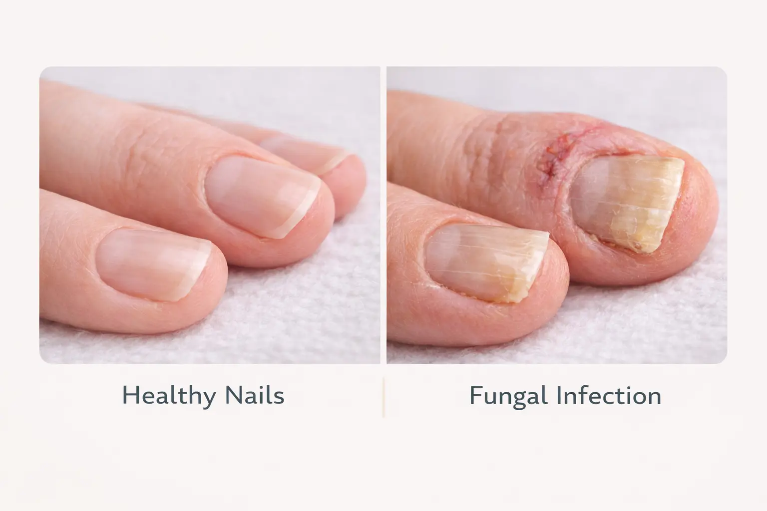 Professional comparison showing healthy nails versus infected nails requiring service decline and medical treatment
