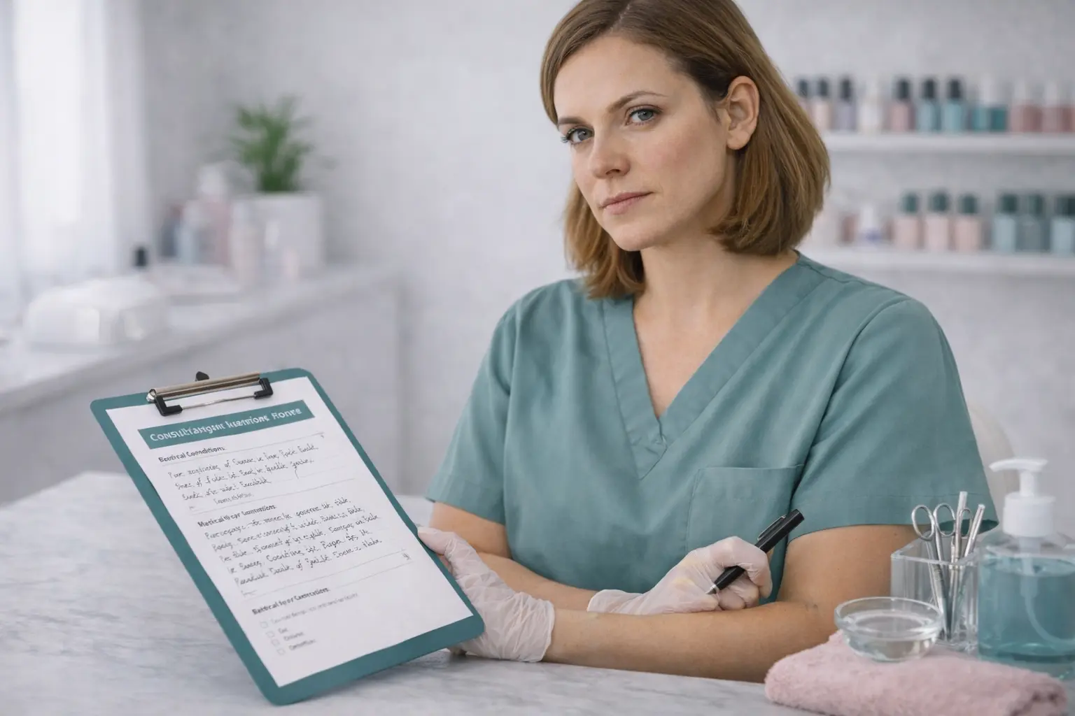 Confident nail technician making professional contraindication decision prioritizing client safety over commercial pressure