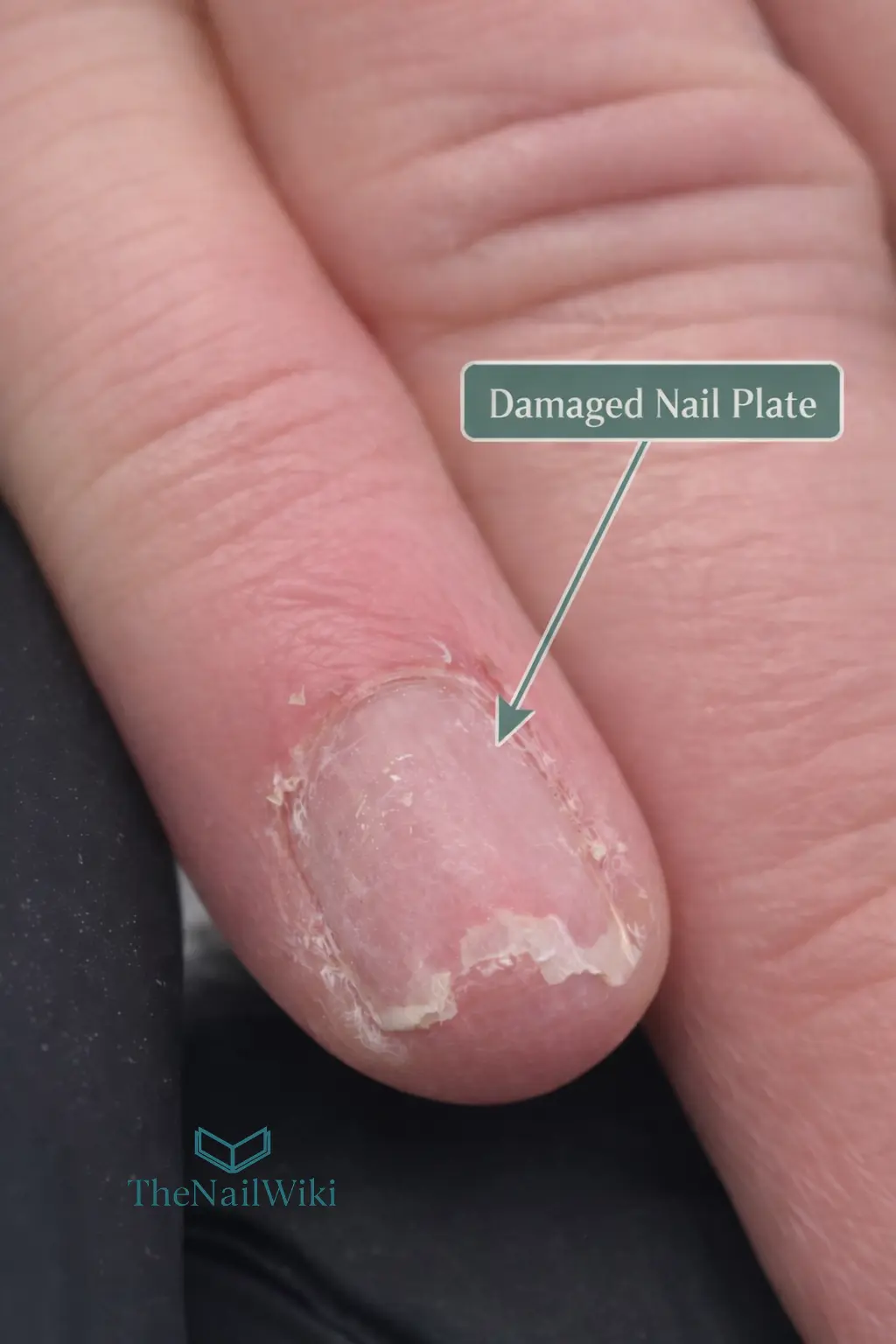 Close-up photograph of a severely damaged fingernail plate showing extensive thinning, surface layer lifting, peeling, and structural breakdown caused by aggressive over-filing at a nail salon
