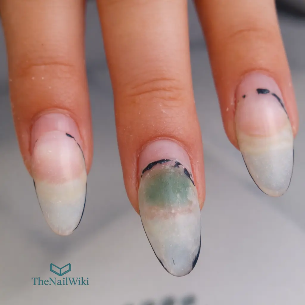 Green nail syndrome visible through lifted acrylic enhancement — client presented for infill from another salon after approximately five weeks without maintenance