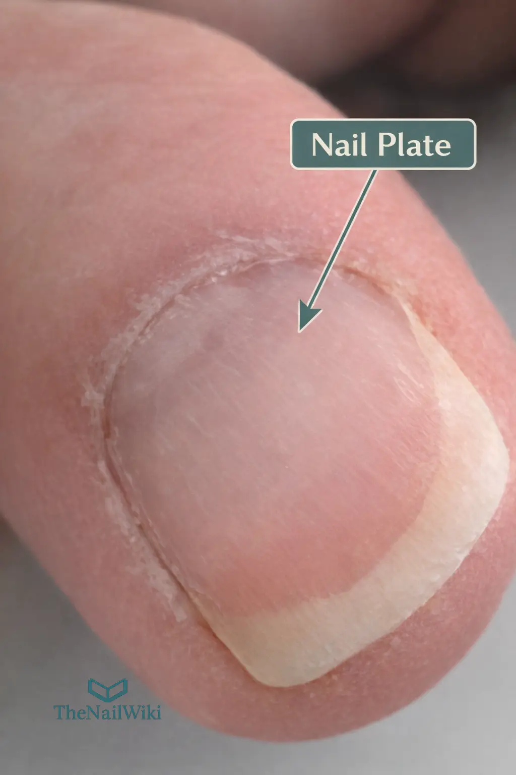 Close-up photograph of a healthy human nail plate on a fingertip, showing the smooth translucent surface, visible lunula at the base, and intact lateral nail folds