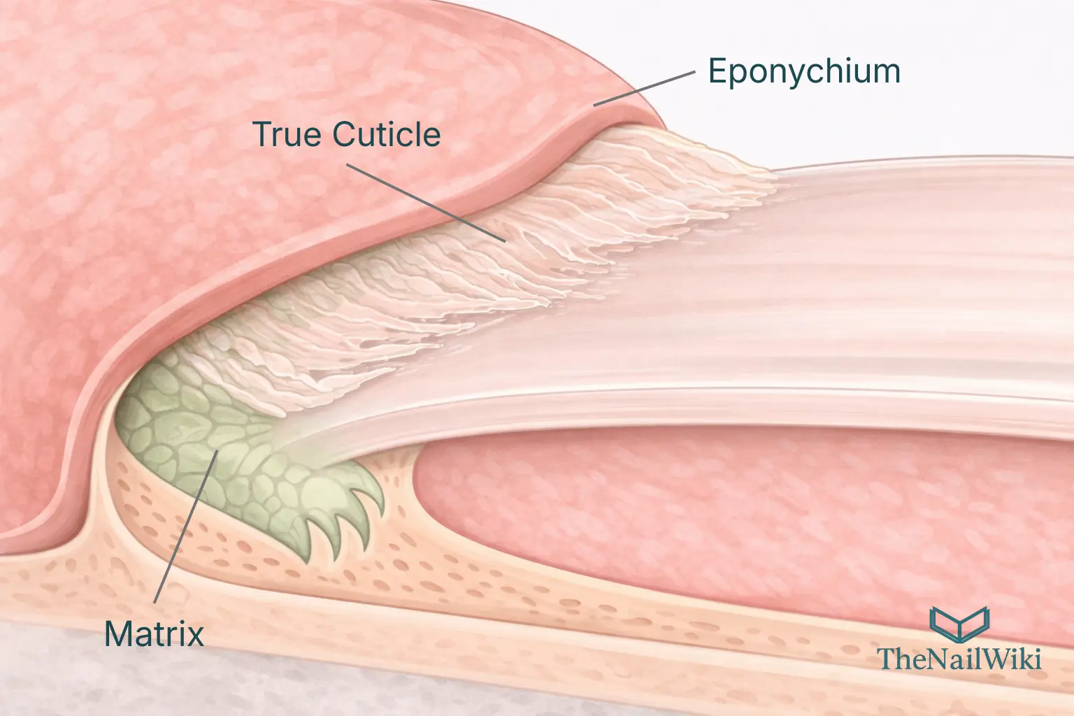 Medical illustration close-up cross-section of the nail base showing the nail matrix in green beneath the proximal nail fold, the true cuticle layers on the underside of the fold, and the eponychium above