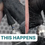 Professional demonstration comparing belly catch and wrap catch mechanisms in e-file glove interactions showing bit positioning errors and finger proximity errors during nail filing