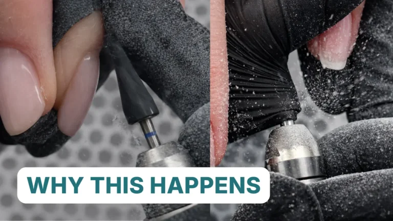 Professional demonstration comparing belly catch and wrap catch mechanisms in e-file glove interactions showing bit positioning errors and finger proximity errors during nail filing