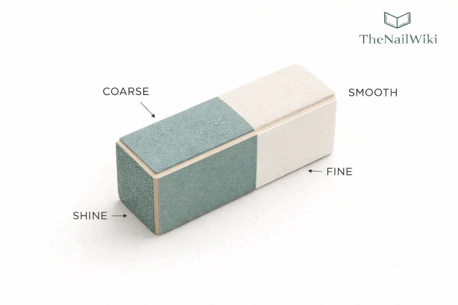 Four-sided nail block buffer showing each side — from smoothing through refining and polishing to high shine finish
