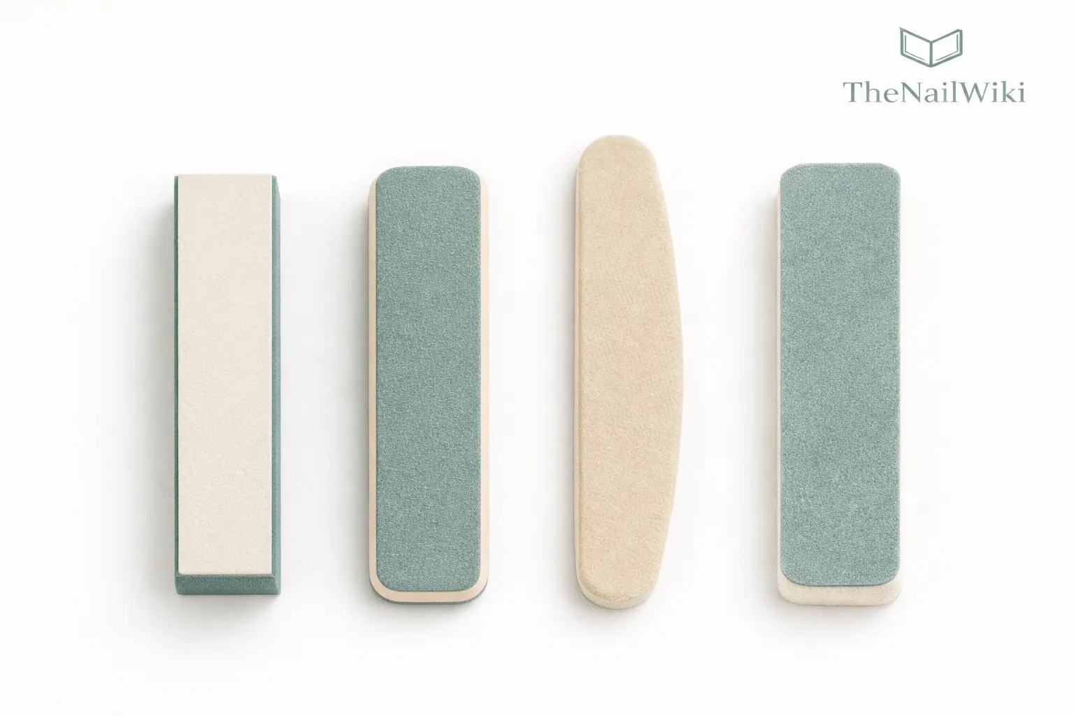 Four nail buffer types laid out side by side — block buffer, cushion buffer, chamois shine buffer, and sponge buffer