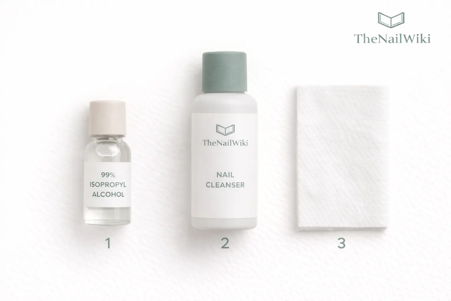 Nail cleansing products laid out together — a bottle of 99% isopropyl alcohol, a branded nail cleanser, and a lint-free wipe