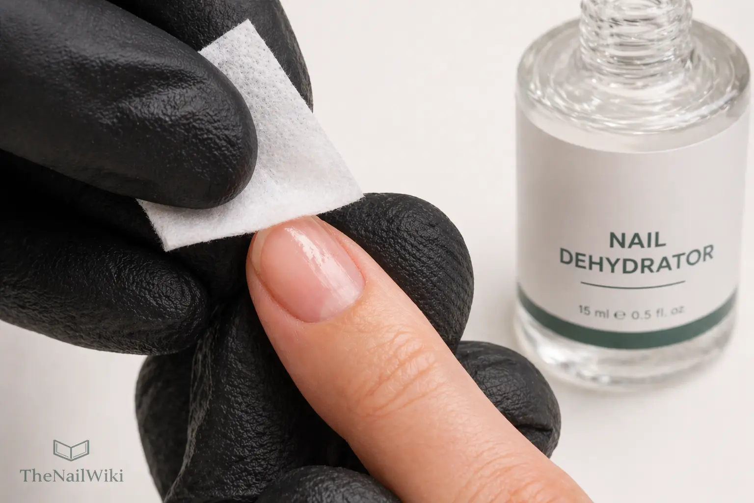 Nail dehydrator being applied to the natural nail plate with a small brush — thin even layer across the full surface before product application