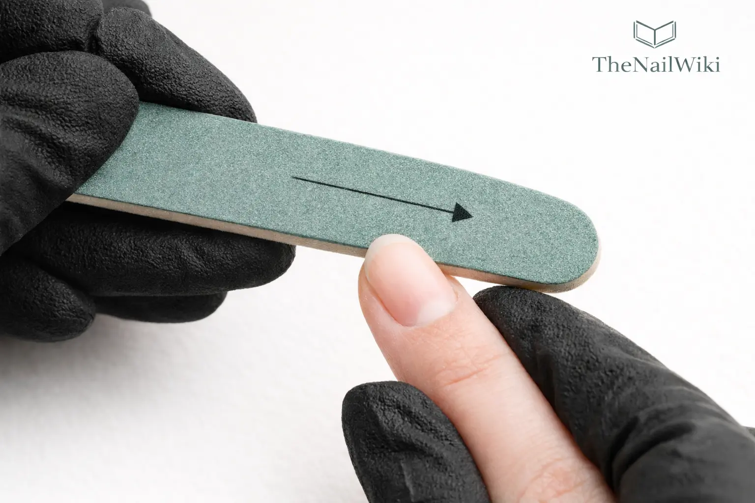 Close-up of a nail file being used on a natural nail in one direction — moving from the outer corner toward the centre of the free edge