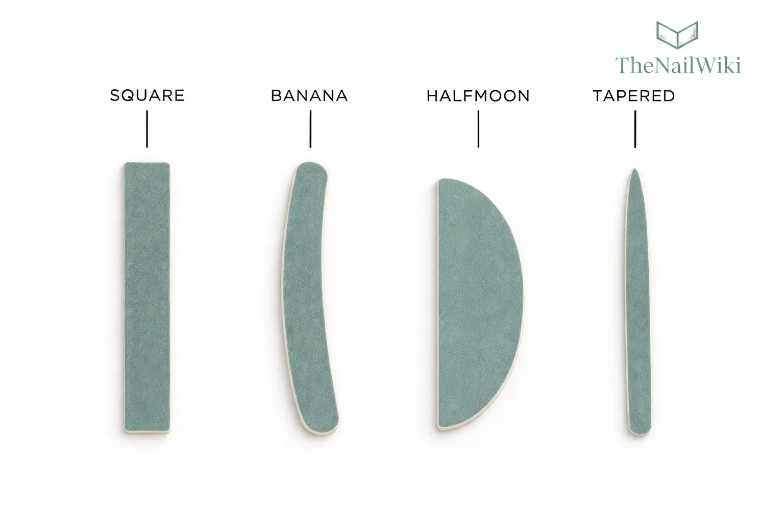 Four nail file shapes arranged in a row — straight rectangular, curved banana, half-moon D-shaped, and narrow tapered
