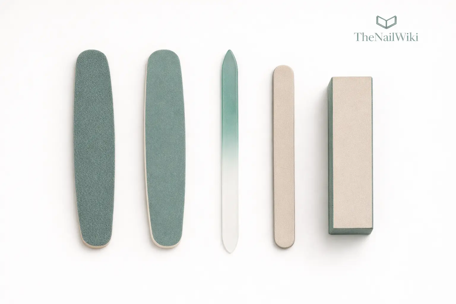 Four nail file types laid out side by side — abrasive emery board, cushion foam core file, glass nail file, and block buffer