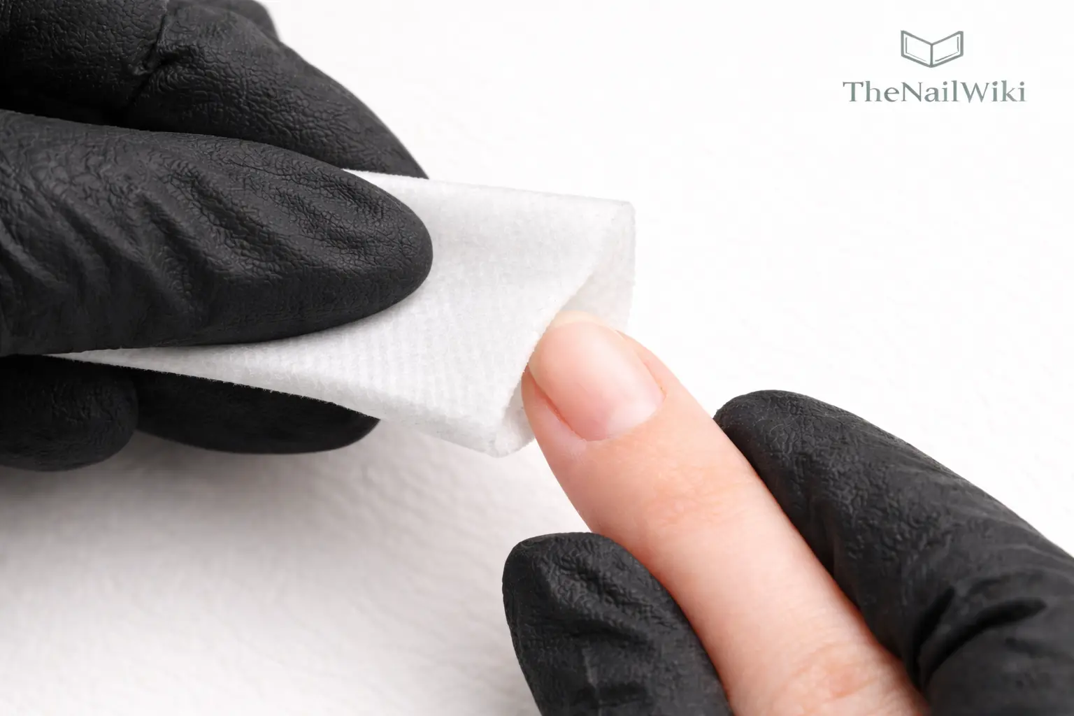 Lint-free wipe being used to cleanse the natural nail plate after buffing — removing dust and surface oils before product application