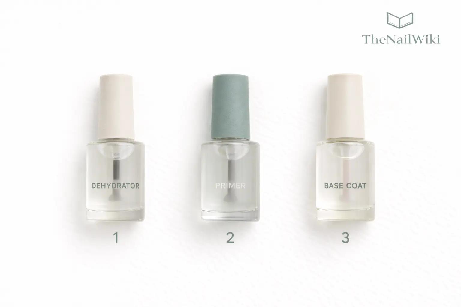Three nail preparation products arranged in order of use — nail dehydrator, nail primer, and base coat laid out left to right in application sequence