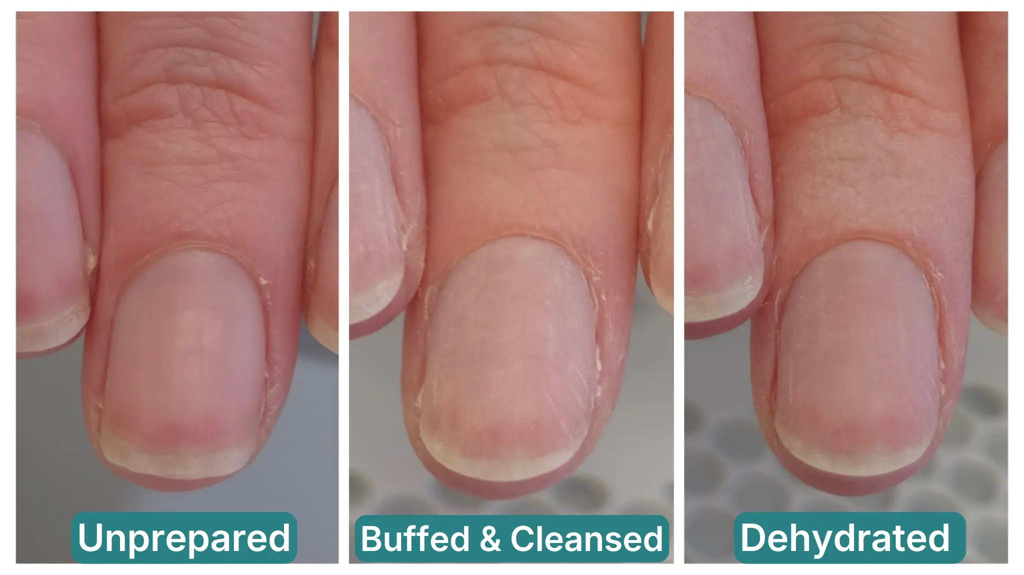 Three-stage nail plate preparation comparison — left showing natural unprepared nail with surface shine, centre showing buffed and cleansed nail with shine removed, right showing dehydrated nail plate ready for product
