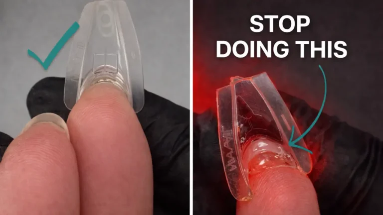 Professional demonstration comparing safe sandwich dual form placement technique with clean underside versus unsafe flooding method showing gel product pushed into hyponychium and lateral nail folds
